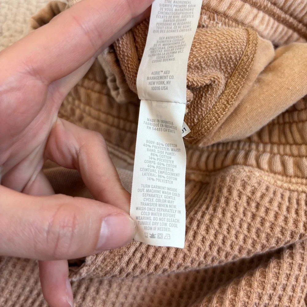 Aerie Womens XS Tan Waffle Knit Lounge Shorts High Waisted Thermal Smocked Waist
